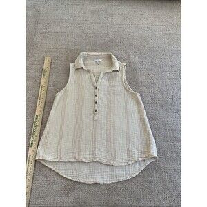 Time and Tru Women Tan Brown Striped Button Up Collared Sleeveless Shirt. M 8-10